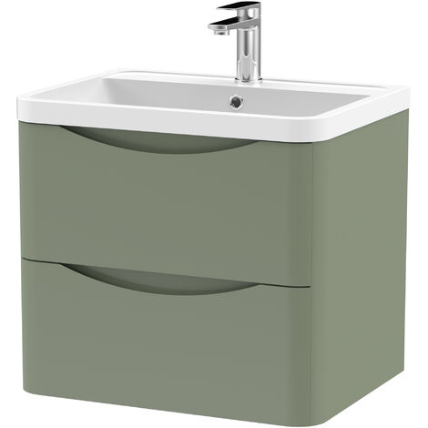 Balterley Dunwood Wall Hung 2 Drawer Bathroom Vanity Unit & Polymarble Basin, Satin Green, 550mm