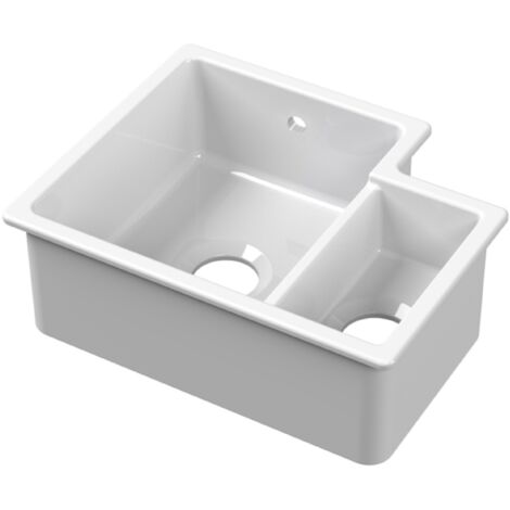 Fireclay 1.5 Bowl Left Hand Undermount Kitchen Sink & Overflow, 457mm - White