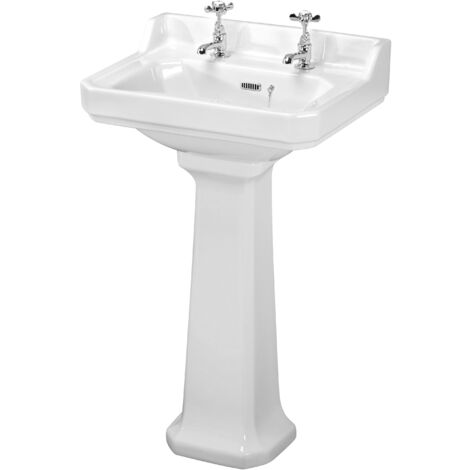 Traditional 2 Tap Hole Ceramic Bathroom Basin Sink & Full Pedestal - 560mm