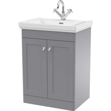Balterley Swynnerton Traditional Bathroom Floor Standing 2-Door Vanity Unit & Fireclay Basin, Satin Grey, 600mm