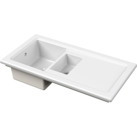 101cm Inset Counter Top 1.5 Bowl Fireclay Ceramic Kitchen Sink with Plain Drainer - White
