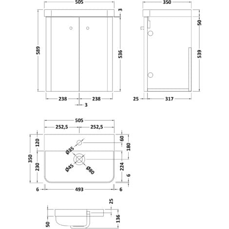 Wall Hung 2 Door Vanity Unit with Ceramic Sink - 500mm - Dark Grey
