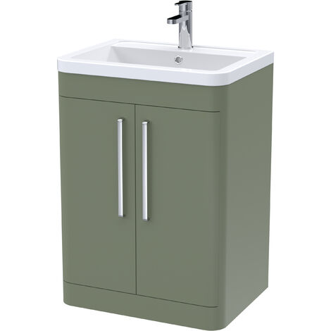 Balterley Aldershawe Contemporary Floor Standing 2 Door Bathroom Vanity Unit & Ceramic Basin, Satin Green, 610mm