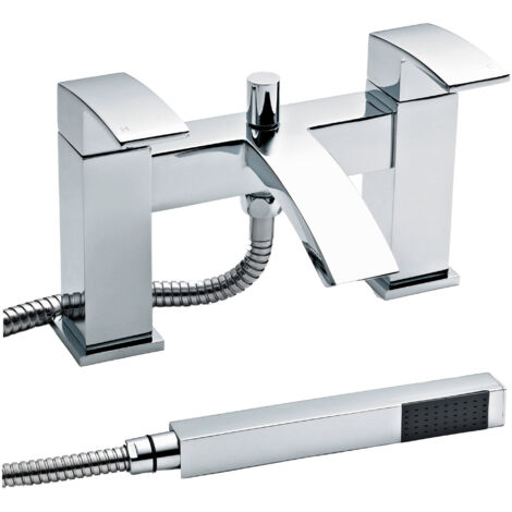 Square Deck Mounted Bath Shower Mixer Tap & Shower Kit - Chrome