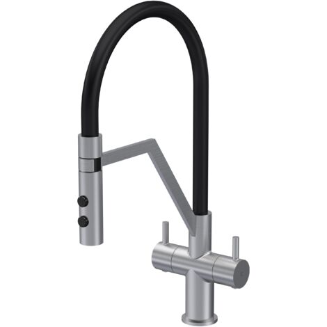 Balterley Haughton Modern Kitchen Mono Mixer Tap with Dual Lever Handles, Curved Swivel Spout - Brushed Nickel Finish (1/5)