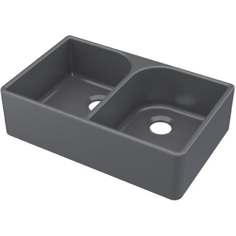 795mm - Fireclay Kitchen Double Bowl Butler Sink with Full Weir - Dark Grey