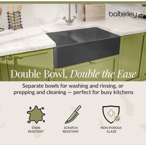 795mm - Fireclay Kitchen Double Bowl Butler Sink with Full Weir - Dark Grey