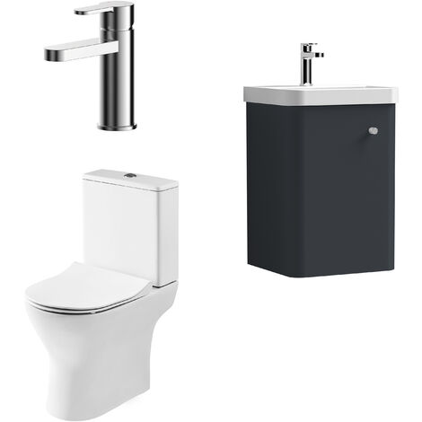 Balterley Flashbrook Contemporary Wall Hung 1 Door Bathroom Vanity Unit, Basin, Tap & Toilet Pack, Dark Grey, 379 mm