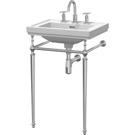 Traditional 3 Tap Hole Fireclay Basin with Luxury Wash Stand & Bottle Trap - 500mm - Chrome