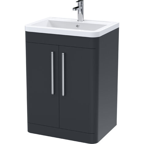 Balterley Aldershawe Contemporary Floor Standing 2 Door Bathroom Vanity Unit & Ceramic Basin, Dark Grey, 610mm