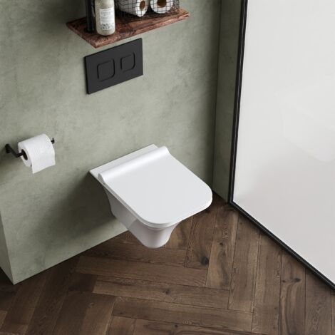 Rimless Wall Hung Ceramic Toilet Pan & Soft Close Seat, 355mm