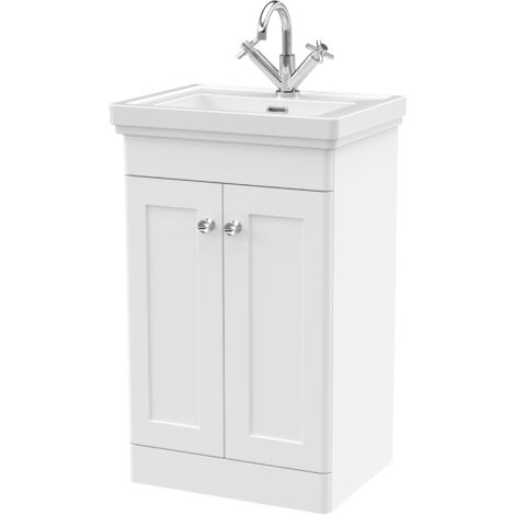 Balterley Swynnerton Traditional Bathroom Floor Standing 2-Door Vanity Unit & Fireclay Basin, Satin White, 500mm