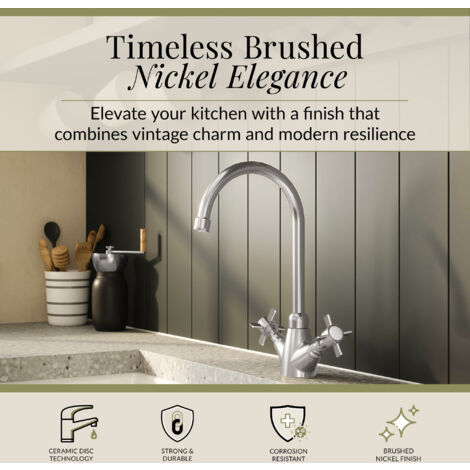 Traditional Mono Mixer Kitchen Tap with Crosshead Handles - Brushed Nickel