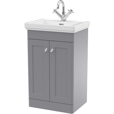 Balterley Swynnerton Traditional Bathroom Floor Standing 2-Door Vanity Unit & Fireclay Basin, Satin Grey, 500mm