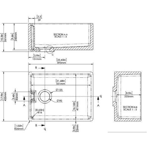 Fireclay Single Bowl Belfast Kitchen Sink with Overflow, No Tap Hole, 595mm