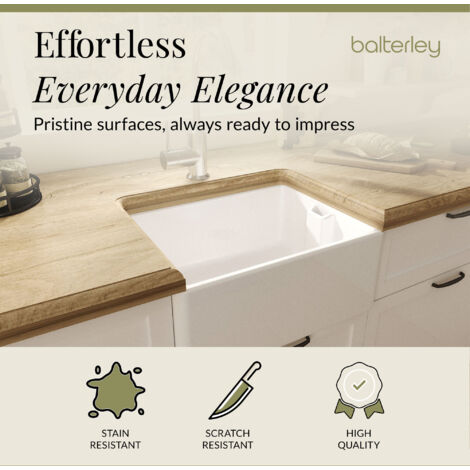 Fireclay Single Bowl Belfast Kitchen Sink with Overflow, No Tap Hole, 595mm