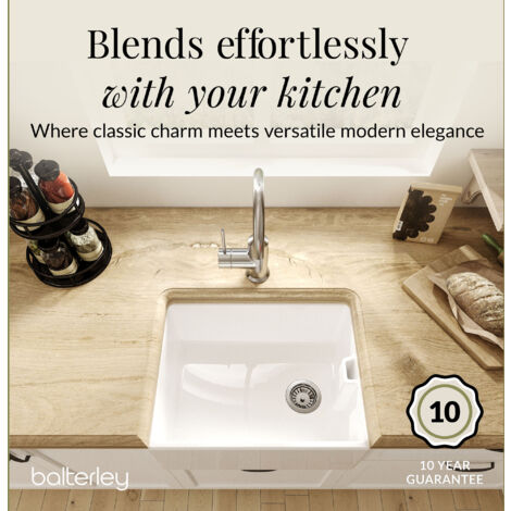 Fireclay Single Bowl Belfast Kitchen Sink with Overflow, No Tap Hole, 595mm