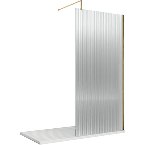 Balterley Shebdon 8mm Fluted Toughened Safety Glass Wetroom Screen with Support Bar: 1850mm x 900mm, Brushed Brass