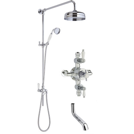 Kingsey Traditional Shower Triple Exposed Valve with Rigid Riser Shower & Bath Spout Set - Chrome/White - Balterley