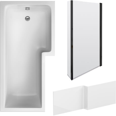 L Shape 1700x850 Shower Bath Set – Front Panel & Black Fixed Return Screen, Right Hand