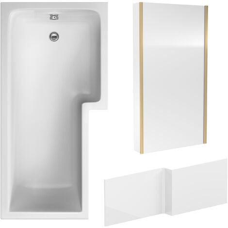 L Shape 1700x850 Shower Bath Set – Front Panel & Brushed Brass Fixed Return Screen, Right Hand (1/4)