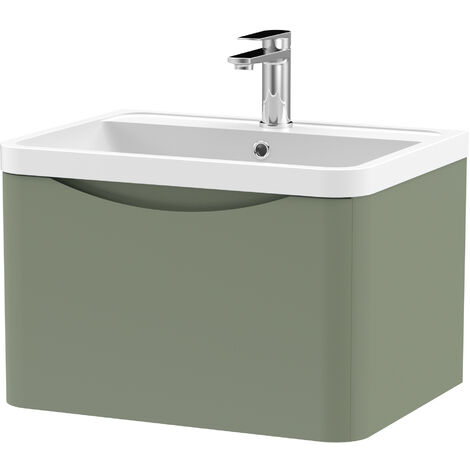 Balterley Dunwood Wall Hung 1 Drawer Bathroom Vanity Unit & Polymarble Basin, Satin Green, 550mm (1/4)