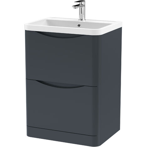Balterley Dunwood Contemporary Bathroom Floor Standing 2 Drawer Vanity & Polymarble Basin, Dark Grey, 600mm (1/5)