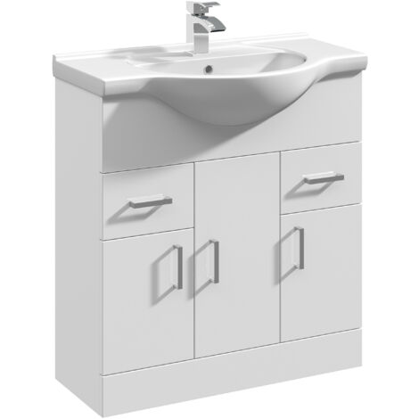 3 Door 2 Drawer Bathroom Vanity Basin Unit with Round Basin - 750mm - Gloss White