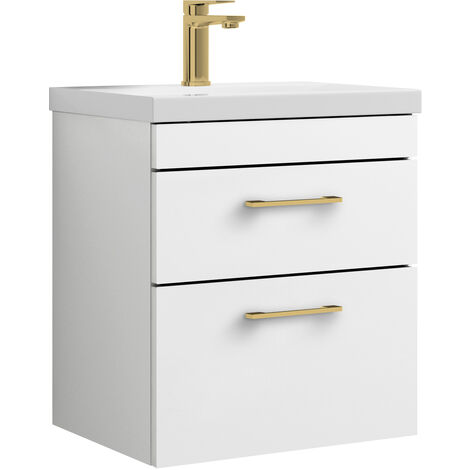 Millwich 2 Drawer Wall Hung Vanity Basin Unit - 500mm - Gloss White with Brushed Brass D-shaped handles (Tap Not Included)