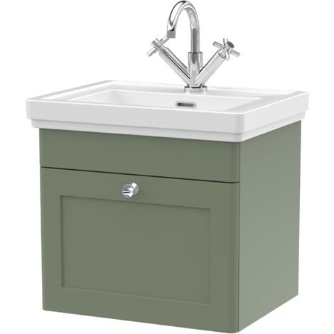 Balterley Swynnerton Traditional Bathroom Wall Hung 1-Drawer Vanity Unit & Fireclay Basin, Satin Green, 500mm (1/5)
