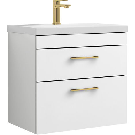Millwich 2 Drawer Wall Hung Vanity Basin Unit - 600mm - Gloss White with Brushed Brass D-shaped handles (Tap Not Included)