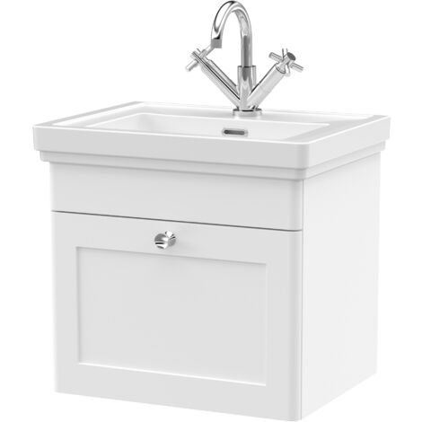 Balterley Swynnerton Traditional Bathroom Wall Hung 1-Drawer Vanity Unit & Fireclay Basin, Satin White, 500mm (1/5)
