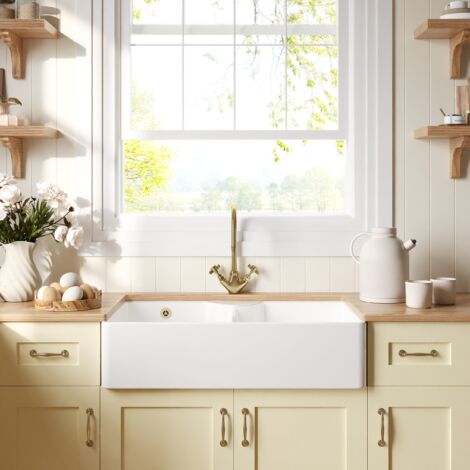 895mm - Fireclay Double Bowl Stepped Weir Butler Sink - with Tap Ledge,  Overflow, No Tap Hole & Tap