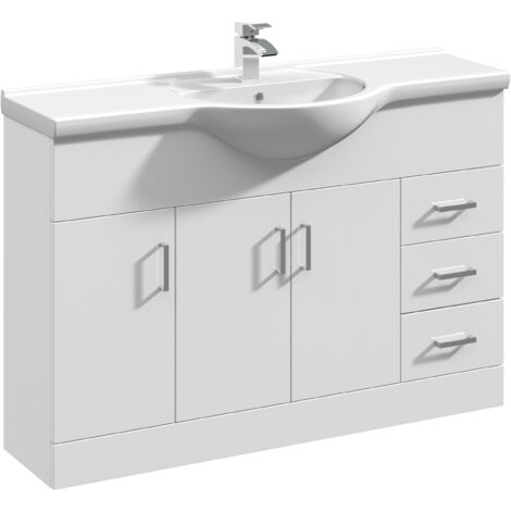 3 Door 3 Drawer Vanity Basin Unit with Round Basin - 1200mm - Gloss White