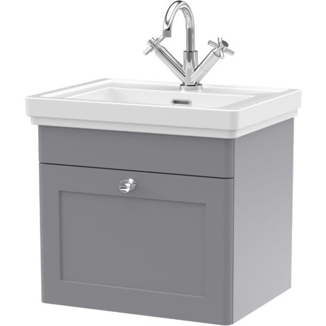 Balterley Swynnerton Traditional Bathroom Wall Hung 1-Drawer Vanity Unit & Fireclay Basin, Satin Grey, 500mm (1/5)
