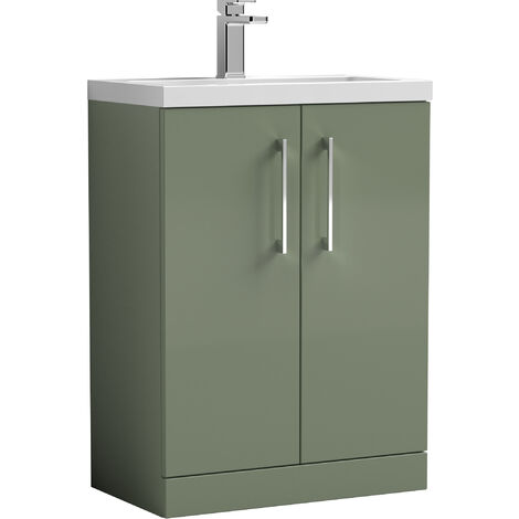 Balterley Bramshall Compact Bathroom Cloakroom Vanity Basin Unit with Polymarble Basin, Chrome Handles, 600mm, Satin Green (1/5)