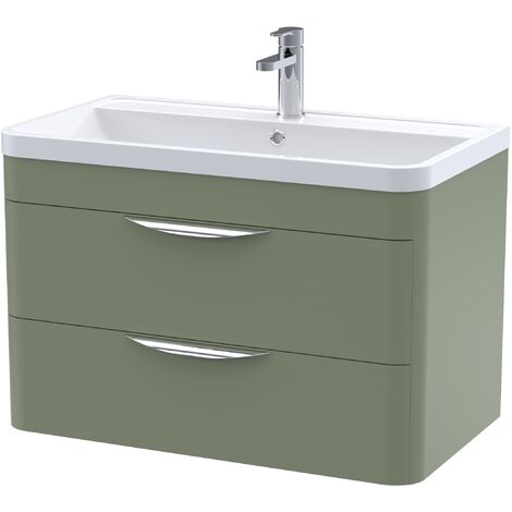 Balterley Aldershawe Contemporary Wall Hung 2 Drawer Bathroom Vanity Unit & Ceramic Basin, Satin Green, 810mm