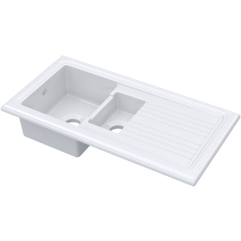 101cm Inset Counter Top 1.5 Bowl Fireclay Ceramic Kitchen Sink - White
