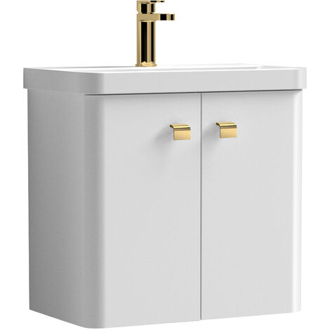 Balterley Flashbrook Modern Bathroom Wall Hung 2 Door Vanity Unit Basin, Gloss White/Brushed Brass, 579mm
