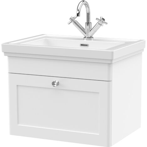 Balterley Swynnerton Traditional Bathroom Wall Hung 1-Drawer Vanity Unit & Fireclay Basin, Satin White, 600mm (1/5)