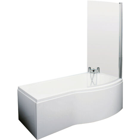 Balterley 1500 mm Right Hand B Shape Shower Bath Bundle & Tub, Curved 6 mm Safety Glass Screen & Matching Front Panel, Gloss White