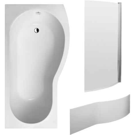 Balterley 1700 mm Right Hand B Shape Shower Bath Bundle & Tub, Curved 6 mm Safety Glass Screen & Matching Front Panel, Gloss White