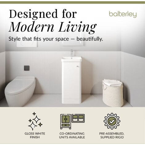 Floor Standing 1 Door Vanity Unit with Ceramic Basin - 400mm - Gloss White -Balterley