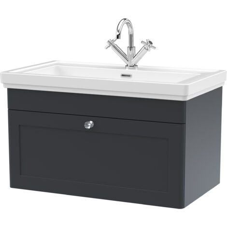 Balterley Swynnerton Traditional Bathroom Wall Hung 1-Drawer Vanity Unit & Fireclay Basin, Dark Grey, 800mm (1/5)