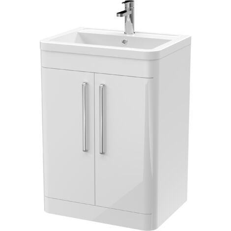 Balterley Aldershawe Contemporary Bathroom 2 Soft Close Door Floor Standing Vanity Unit & Ceramic Basin, Gloss White, 610mm