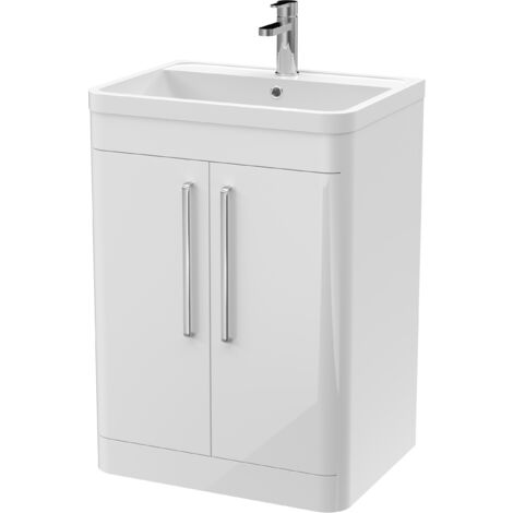 Balterley Aldershawe Contemporary Bathroom Floor Standing 2 Door Vanity Unit & Polymarble Basin, Gloss White, 600mm