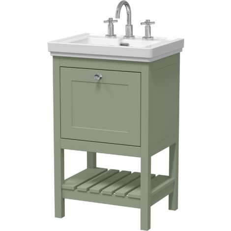 Balterley Coppenhall Traditional Bathroom 1 Soft Close Drawer Floor Standing Vanity Unit Basin, Fern Green, 531mm (1/4)