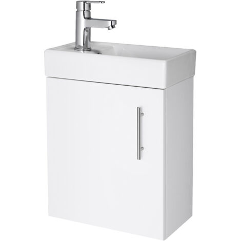 Cloakroom Wall Hung 1 Door Vanity Unit with Basin, 400mm - Gloss White (1/5)