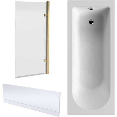 Shower Bath Bundle Single End Round Tub, Front Panel & Square Hinged Bath Screen, 1700mm x 700mm, Brushed Brass