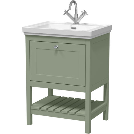 Balterley Coppenhall Traditional Bathroom 1 Soft Close Drawer Floor Standing Vanity Unit Basin, Fern Green, 630mm